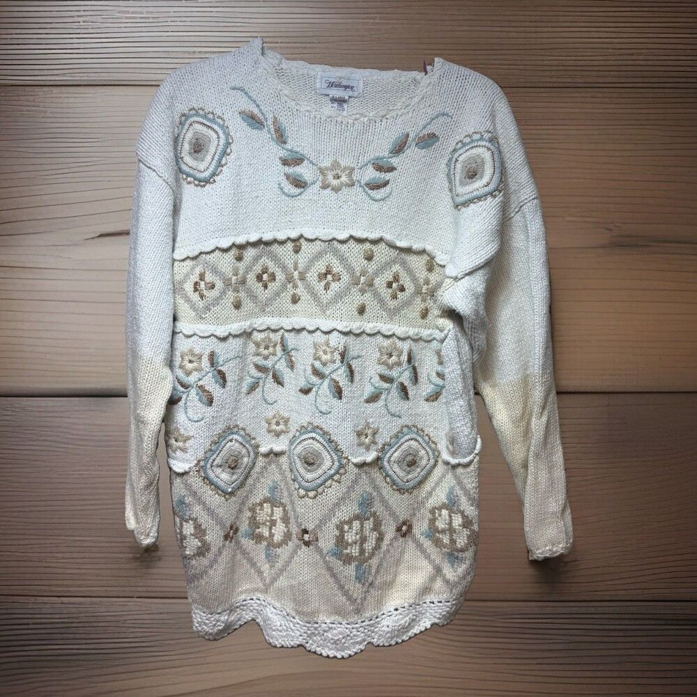 Vtg Worthington Sweater Ivory Knit Pastel Floral Embroidered Cottagecore Granny